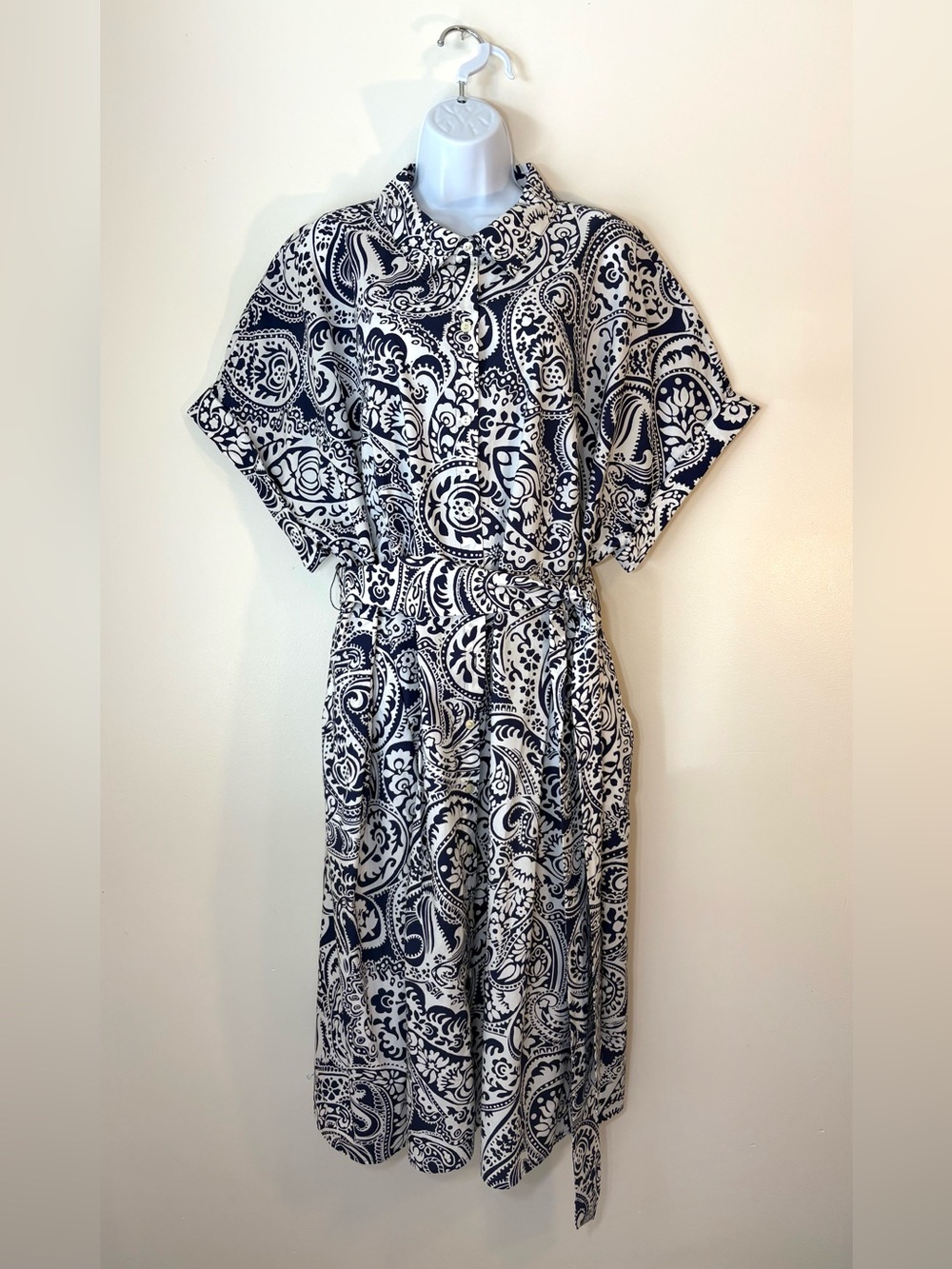 Talbots Plus 24W Cotton Shirt Dress NWT Navy Paisley Button Front Belted
